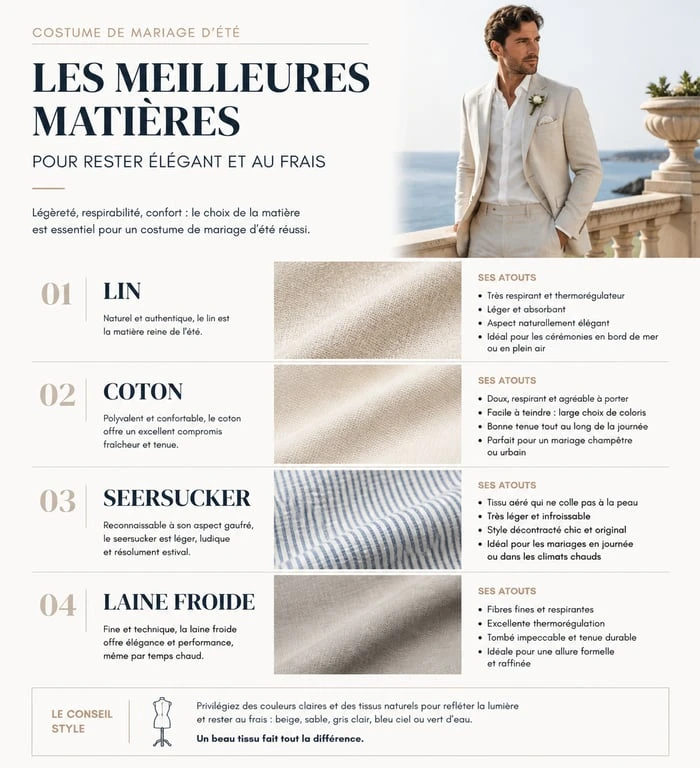 Infographie des matières idéales pour une tenue de mariage homme en été