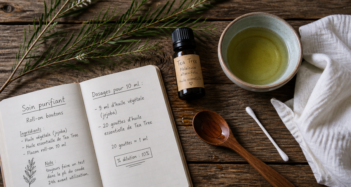 huile essentielle tea tree utilisation flacon et feuilles