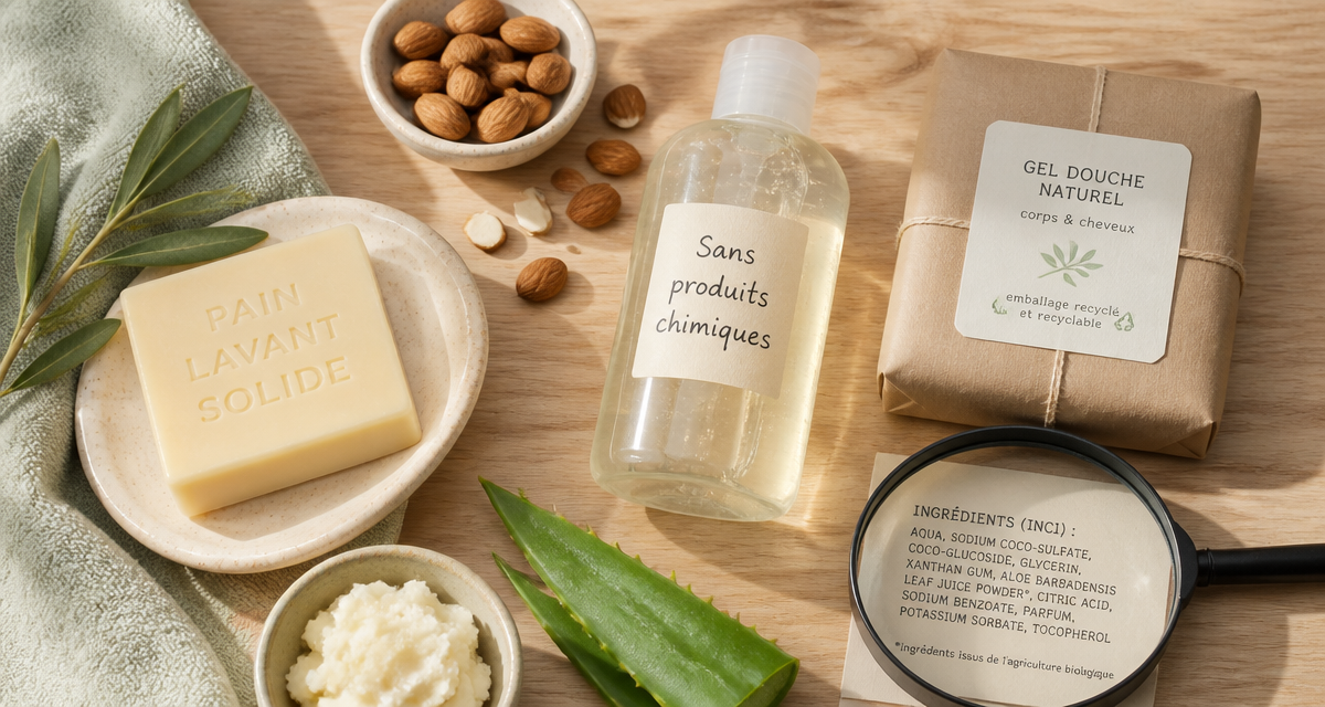 meilleur gel douche sans produits chimiques sur table bois avec ingrédients naturels