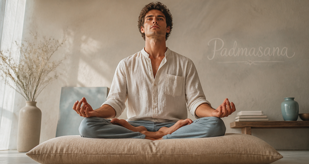 Padmasana position sur coussin dans studio lumineux