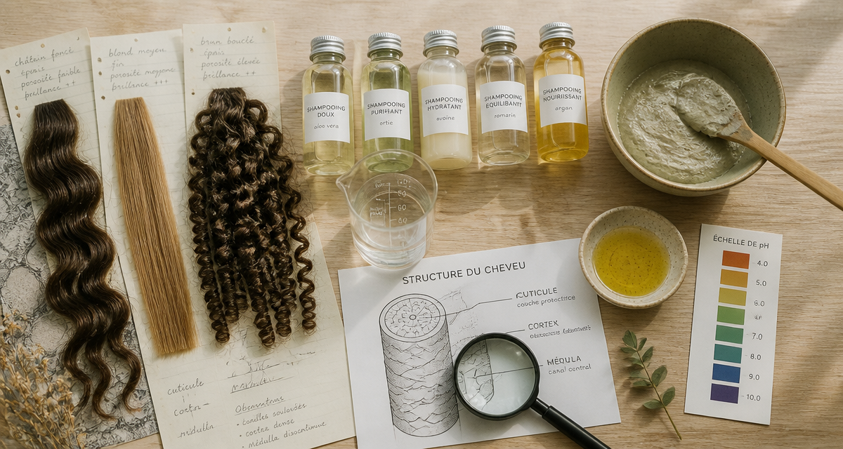 Quel shampoing choisir flat lay analyse cheveux et produits