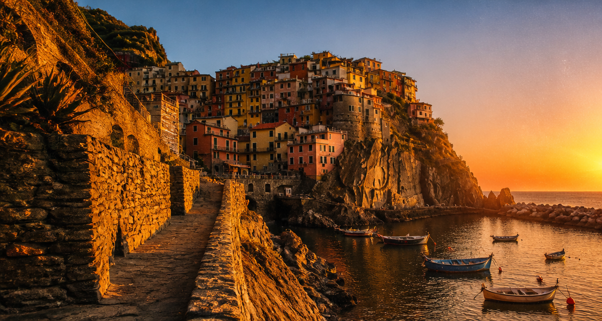 manarola italie falaises maisons colorées coucher de soleil