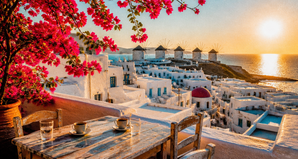 mykonos visite terrasse chora moulins lever soleil
