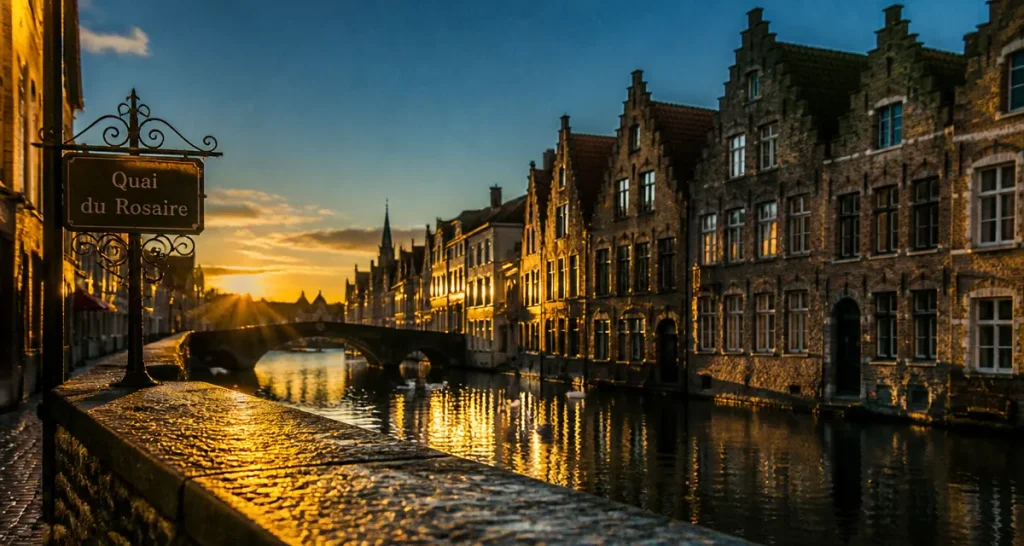 Visiter bruges en 1 jour : Quai du Rosaire, canal et cygnes au golden hour