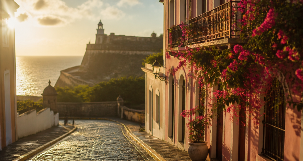 visiter porto rico ruelle pavée coucher de soleil