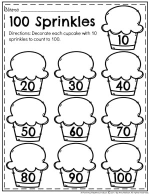 Count to 100 Kindergarten Worksheets - Decorate cupcakes.