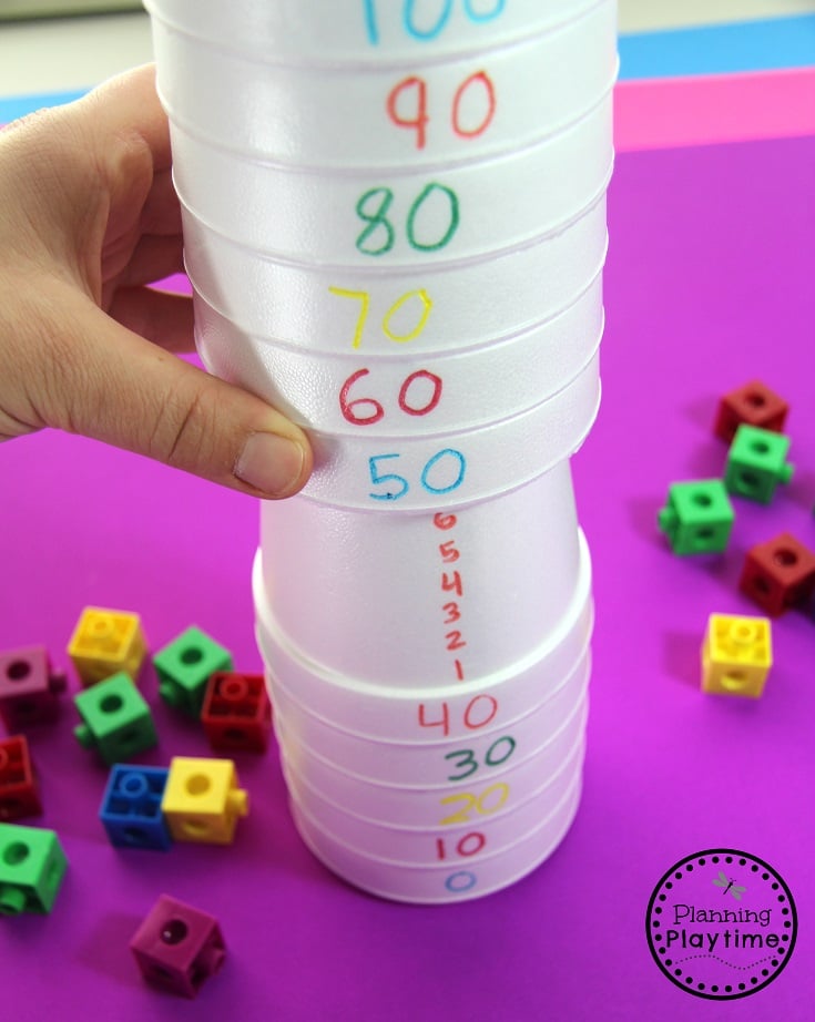 Count to 100s tower. Slide the cups to find and count by 1s.