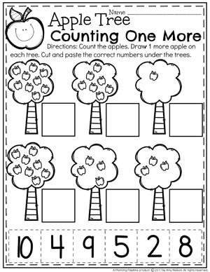 Counting 1 More Worksheets for Kindergarten math.