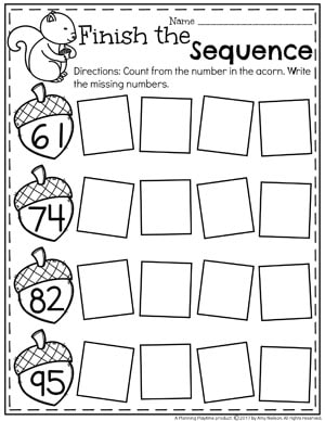 Counting On Worksheets for kindergarten - Number sequence Acorns 2