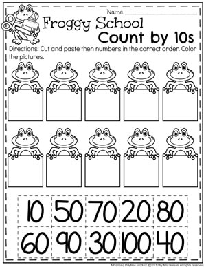 Froggy Number Order - Counting By 10s Worksheet for Kindergarten.