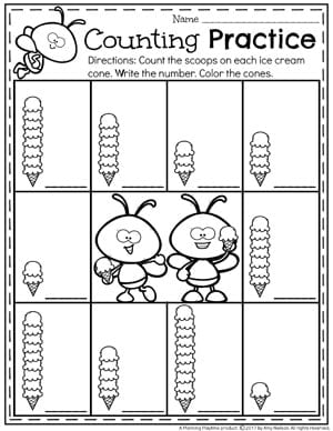 Ice Cream Cone Counting Worksheets for Kindergarten and Preschool