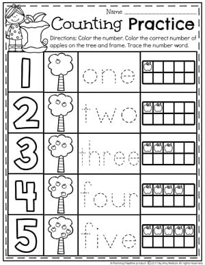 Kindergarten Apple Counting Worksheets 1-5