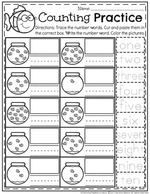 Number Words Worksheet for Kindergarten - Fish Bowl Counting