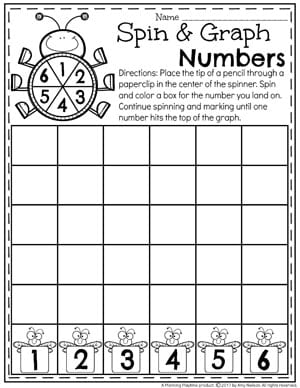 Spin and Graph Number Worksheet for Kindergarten 1-6