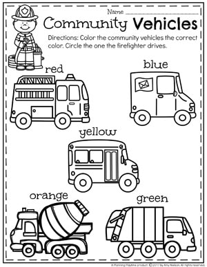 Community Helpers Unit for Preschool - Coloring Community Vehicles
