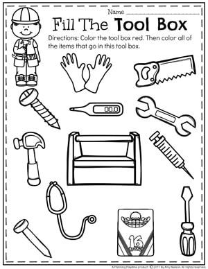Community Helpers Unit for Preschool - What items go in this tool box sorting worksheet