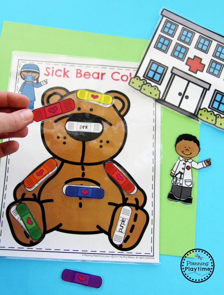 Sick Bear Color Matching Bandaids - Community Helpers Activity for kids.