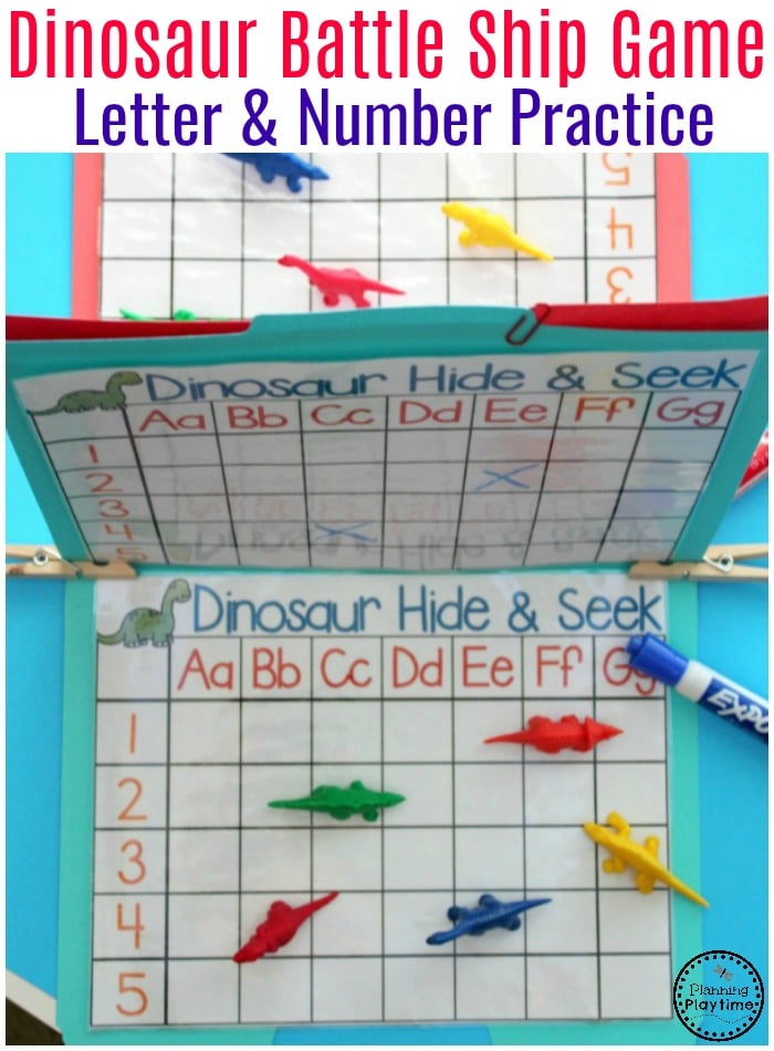 Dinosaur Battleship Letter and Number Recognition Game - Preschool Dinosaur Activities. #preschool #dinosaurtheme #dinosaur #preschoolactivities