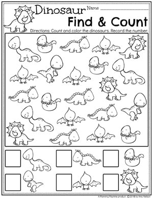 Dinosaur Find and Count worksheets for Preschool. #dinosaurworksheets #preschoolworksheets #preschool #dinosaurs