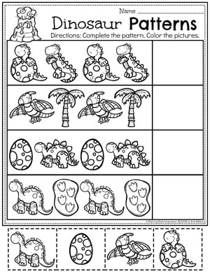 Patterns Worksheets for a Preschool Dinosaur Theme #dinosaurworksheets #preschoolworksheets #preschool #dinosaurs