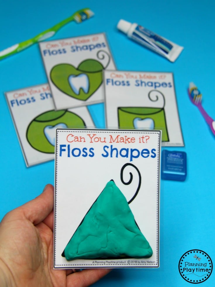 Preschool Dental Health Activities - Floss Shapes with playdough. #dentalhealth #preschool #preschoolworksheets #preschoolcenters