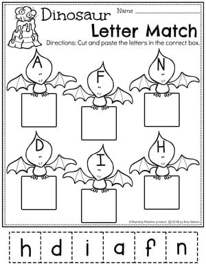 Preschool Dinosaur Worksheets - Letter Matching Cut and Paste #letterworksheets #dinosaurworksheets #preschoolworksheets #preschool #dinosaurs