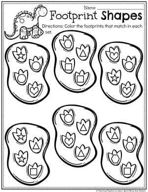 Preschool Shapes Worksheet for a Dinosaur Theme. #shapesworksheets #preschoolshapes #dinosaurworksheets #preschoolworksheets #preschool #dinosaurs