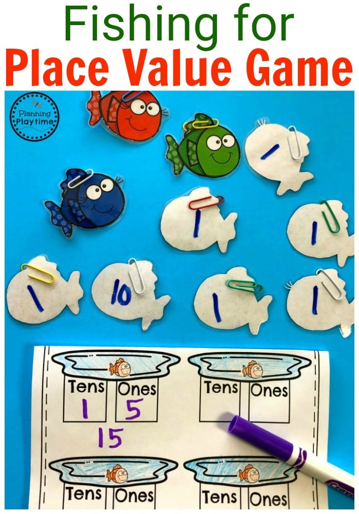 Fun Fishing for Place Value Kindergarten Math Game. #placevalue #kindergartenmath #mathgames #kindergartenworksheets #placevaluegames