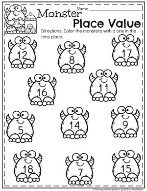Fun Monster Place Value Worksheets for kindergarten.
