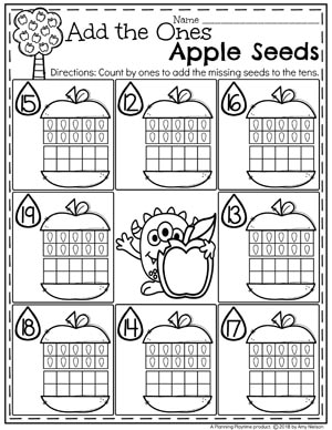 Kindergarten Place Value Worksheets - Tens and Ones Apple Seeds