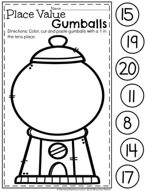 Place Value Worksheets for Kindergarten - Tens and Ones Gumballs #placevalue #kindergartenmath #mathworksheets #kindergartenworksheets #placevalueworksheets