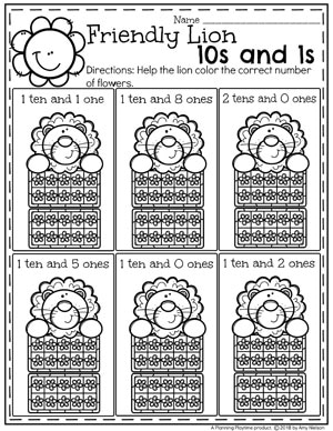 Tens and Ones Place Value Worksheets for Kindergarten -Lion Counting