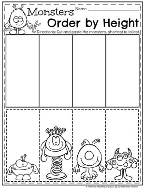 Kindergarten Measurement Worksheets for Math. Monsters Order by size. #kindergartenmath #measurement #mathworksheets #kindergartenworksheets #measurementworksheets