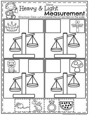Measurement - Comparing Weight Kindergarten Math Worksheets #kindergartenmath #measurement #mathworksheets #kindergartenworksheets #measurementworksheets
