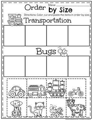 Sort by Size Cut and Paste Kindergarten Math Worksheets #kindergartenmath #measurement #mathworksheets #kindergartenworksheets #measurementworksheets