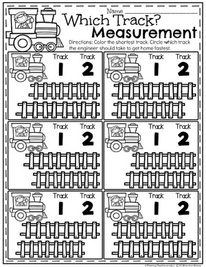 Train Track Measurement and Comparing Data - Kindergarten Math Worksheets #kindergartenmath #measurement #mathworksheets #kindergartenworksheets #measurementworksheets