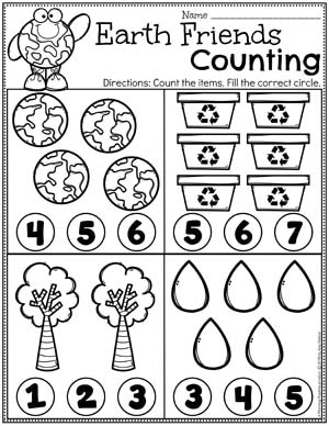 Earth Day Counting Preschool Worksheets 