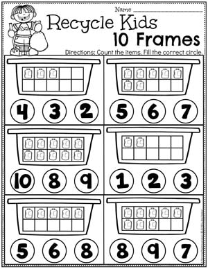 Preschool Earth Day Theme Worksheets - Recycle Bin 10 Frames 