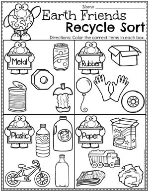 Recycling Worksheets for Preschool - Earth Day Sorting