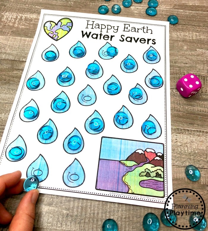 Roll, Count and Save Water - Recycle Theme Activities #planningplaytime #earthday #preschool #preschoolworksheets