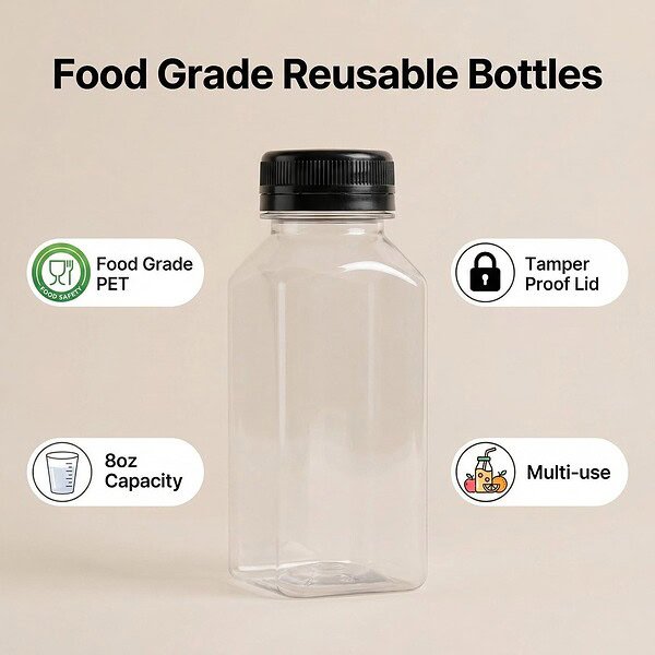 Reusable 8oz square PET juice bottle with tamper-proof lid for food-grade applications.
