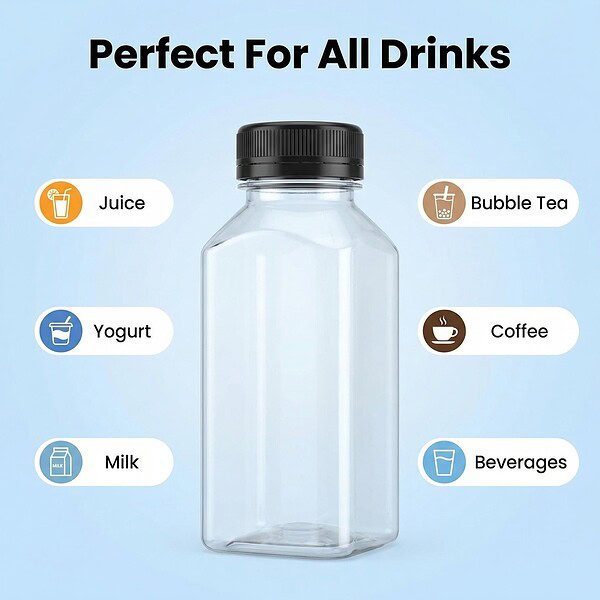 Clear 8oz square PET bottle with black tamper-evident cap for beverages.