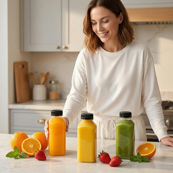 High-quality 8oz square PET juice bottles with tamper-evident caps for safe packaging.