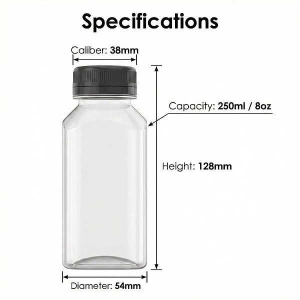Clear 8oz PET plastic juice bottle with black cap, ideal for beverages and liquids.