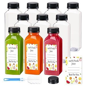 Clear plastic and colorful juice bottles with caps, suitable for wholesale beverage packaging.