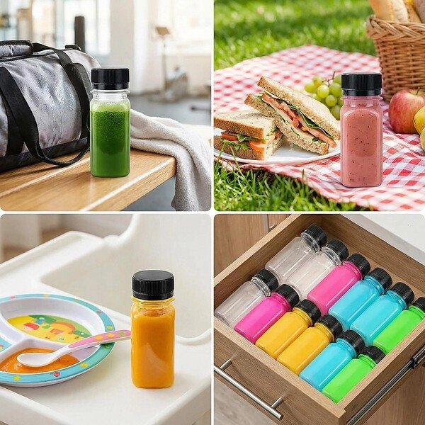 2oz Small Square Plastic Shot Bottles for juice - 60ml HPP Juice Bottle with lids