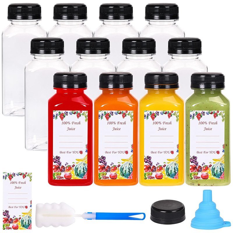 Brightly colored 8oz square PET juice bottles with black caps for beverages.