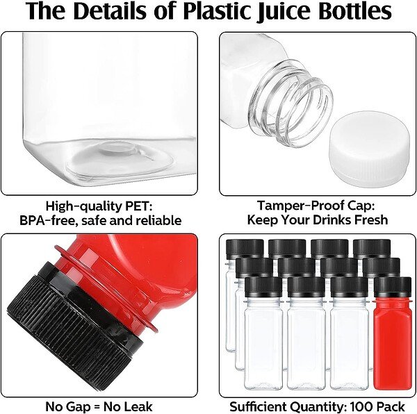 2oz Small Square Plastic Shot Bottles for juice - 60ml HPP Juice Bottle with lids