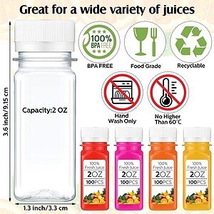 2oz Small Square Plastic Shot Bottles for juice - 60ml HPP Juice Bottle with lids