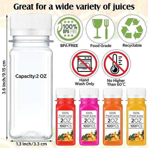 2oz Small Square Plastic Shot Bottles for juice - 60ml HPP Juice Bottle with lids